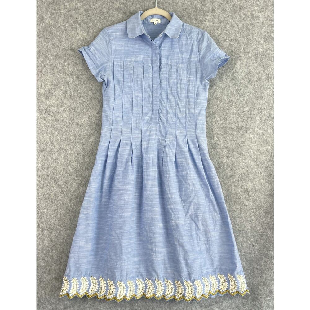 Suno Dress Womens 4 Blue Pleated Embroidery Gold‎ Trim Midi Short Sleeve Resort